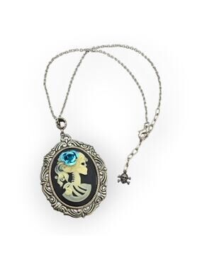 Skeleton Cameo Blue Rose Pendant Necklace Statement Gothic Victorian Style